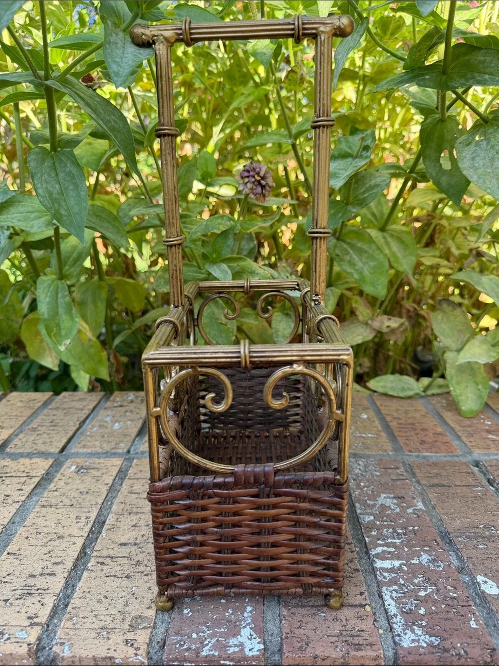 Vintage Wicker and Gold Metal Pineapple Accent Basket, Heavy- Brown and Gold
